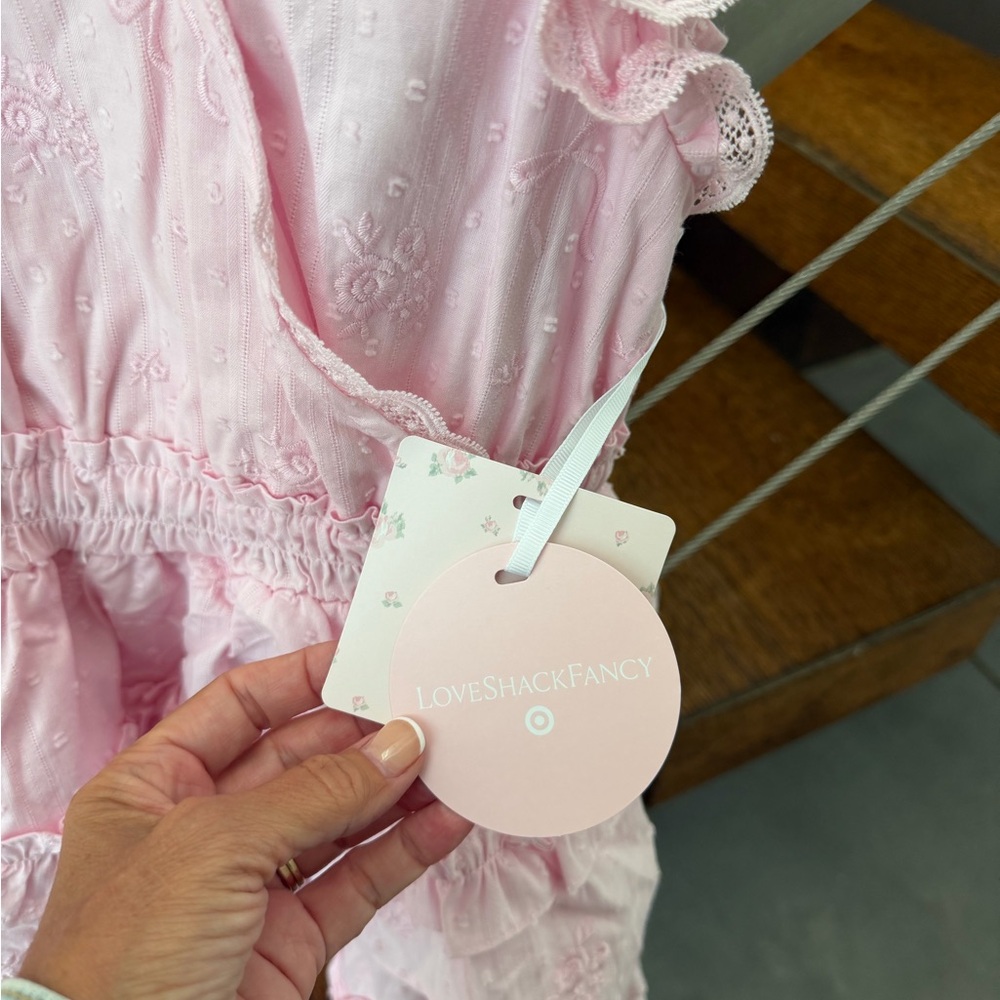 LoveShackFancy Pink Eyelet Smocked Romper - Picture 3 of 3